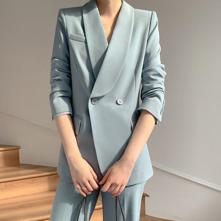 2025 Professional suit women's new design sense small suit haze blue jacket temperament suit trousers OL clothing