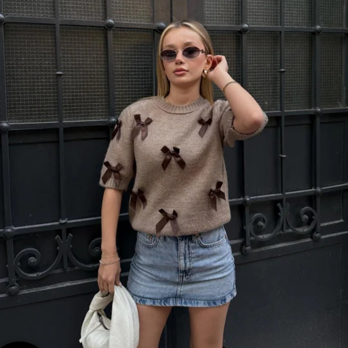 2025 New Maillard retro bow collage knitted sweater spring and autumn new loose knitted top high sense