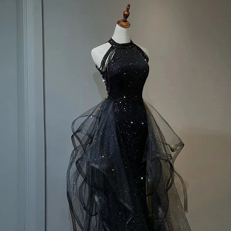jinran witch dress to impress Black Evening Dress for Women 2024 New Light Luxury Niche High-End High-End Sense Trailing Birthday Party Host Adult Ceremony