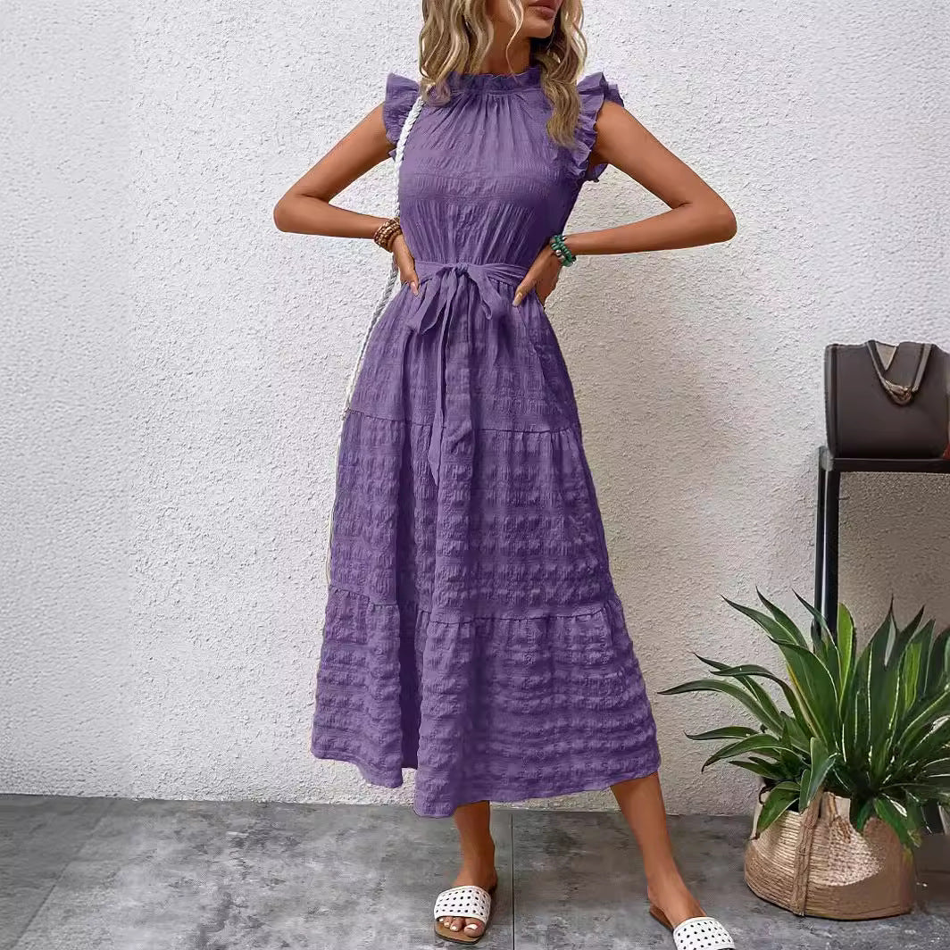 2025 Popular, , New women's clothing summer new fashion fungus edge flying sleeves lace-up textured dress