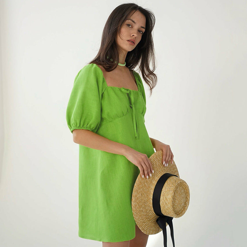 2025 summer new fashion women's doll skirt bubble sleeve bow lace-up design dress women