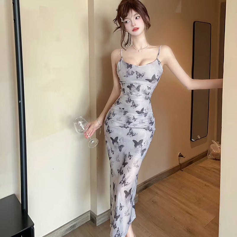 2025 summer new celebrity women's clothing sexy butterfly print off-the-shoulder suspender dress mesh slim dress