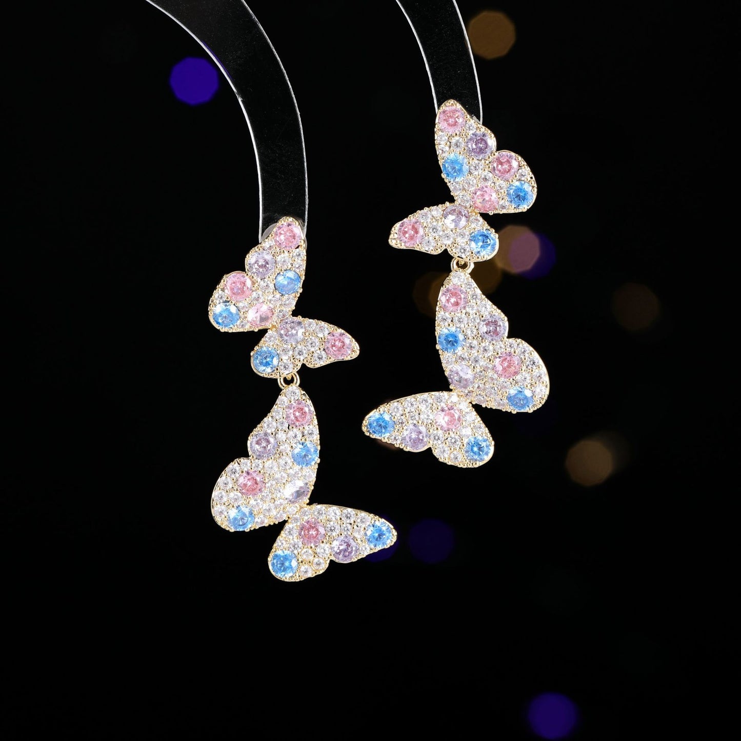 2025 Exquisite full diamond double butterfly earrings S925 silver needle women's light luxury temperament versatile niche design temperament earrings