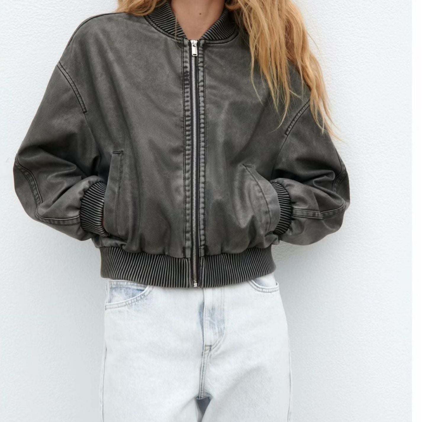 jinran barn jacket outfits Autumn New Y2k Women's Washed Distressed Effect Pilot Jacket Coat PU Leather Coat