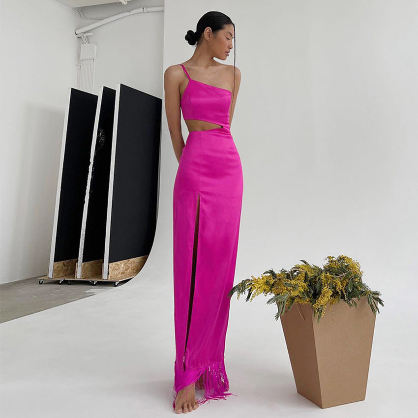 2025 summer new design dress asymmetrical niche tassel mopping floor long dress women