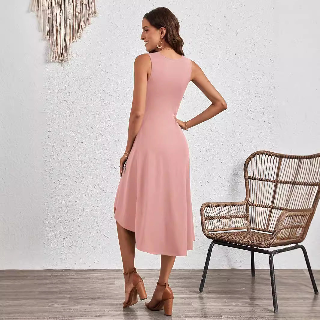 2025 summer, Popular, , New women's clothing summer new fashion sleeveless solid color A word crumpled dress