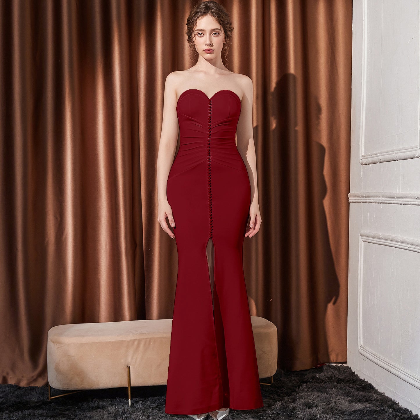 2025 Evening dress female sexy one-word shoulder tube top sexy company annual meeting host exhibition etiquette lady dress
