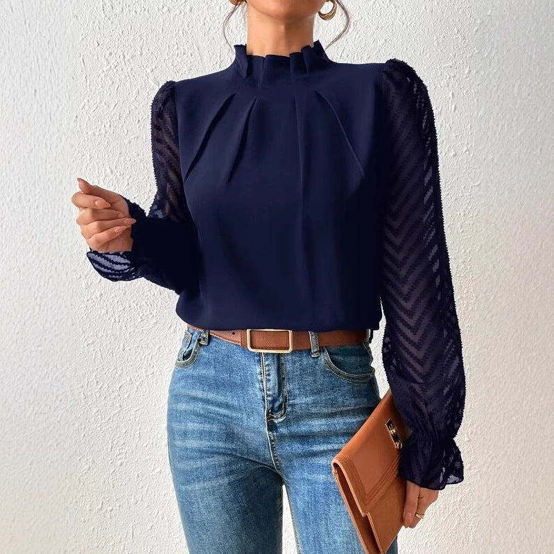 2025 popular Popular, , New women's clothing autumn and winter new semi-turtleneck splicing wavy chiffon long-sleeved top