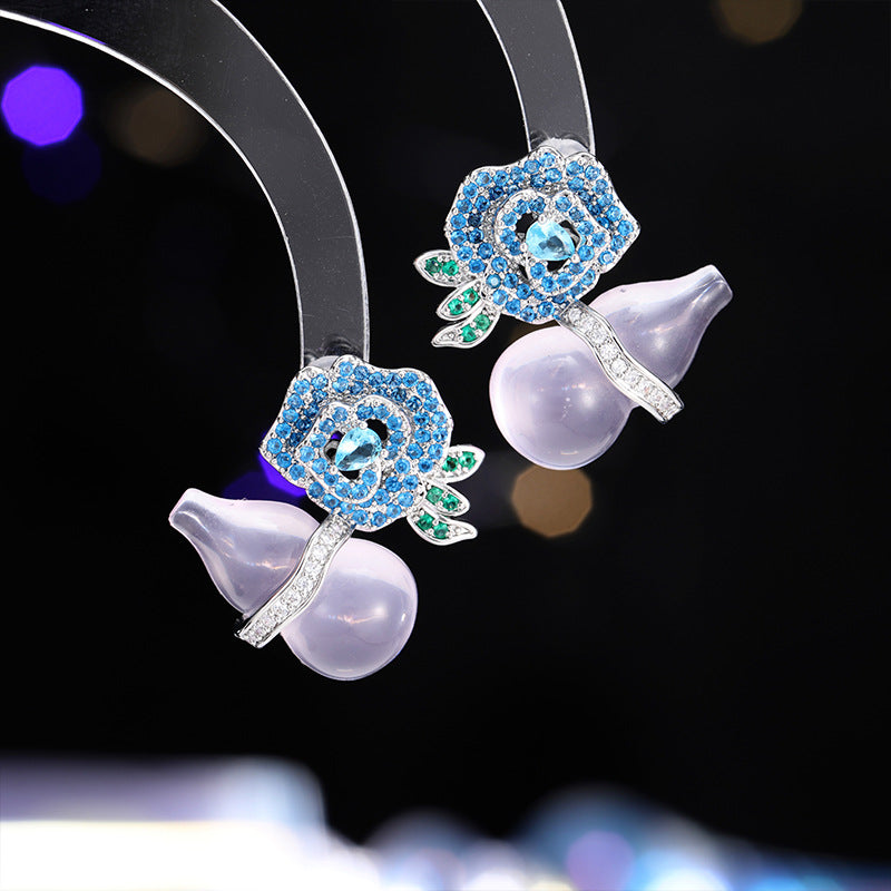 2025 New Chinese style flower purple chalcedony gourd earrings s925 silver needle light luxury high-end niche national trend rose earrings