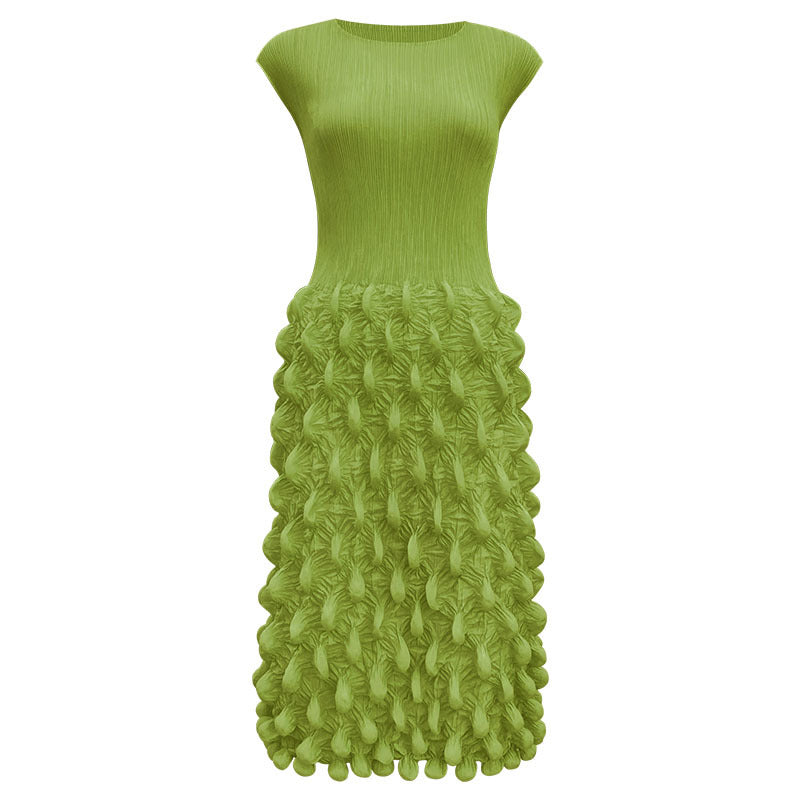 2025 summer new spot bubble pleated long dress slim pleated women's clothing solid color niche handmade sleeveless dress