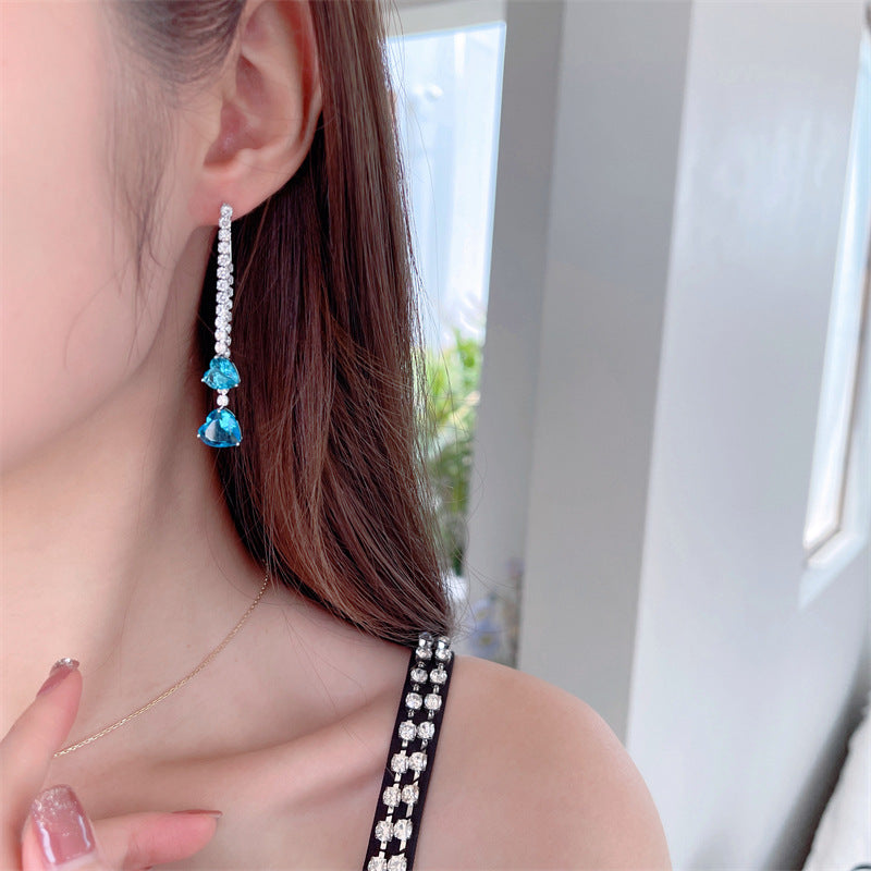2025 S925 silver needle zircon inlaid earrings niche design love-shaped earrings removable two long fringed earrings