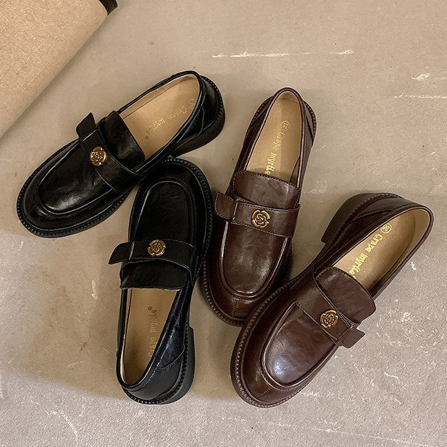 2025 Cowhide version~ New camellia platform retro black one-pedal British style loafers single shoes small leather shoes