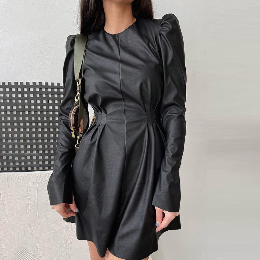 2025 light luxury high-end black leather round neck bubble sleeve dress short skirt autumn British style split leather skirt