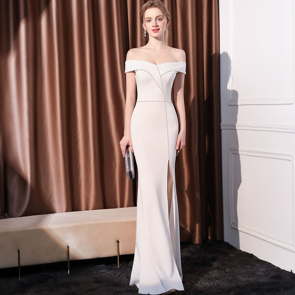 2025 Evening dress femininity light luxury elegant slim one-word shoulder fishtail host dinner party long fishtail dress