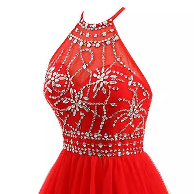 jinran dresses Slim-Fit Small Dress Halter Short Bridal Wedding Dress Banquet Evening Dress Lace New Red Women