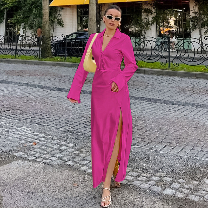 2025 Satin temperament lapel flared sleeve split high waist dress popular new spring fashion wholesale long dress