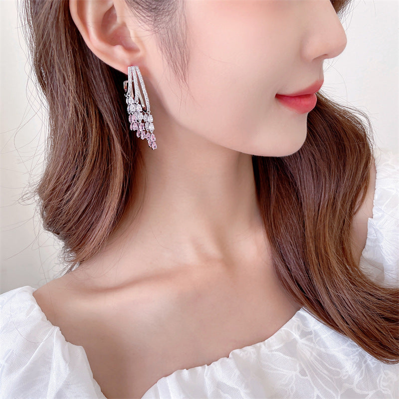 2025 S925 silver needle zircon inlaid dinner dress wedding bride earrings trendy light luxury premium feeling water drop fringed earrings