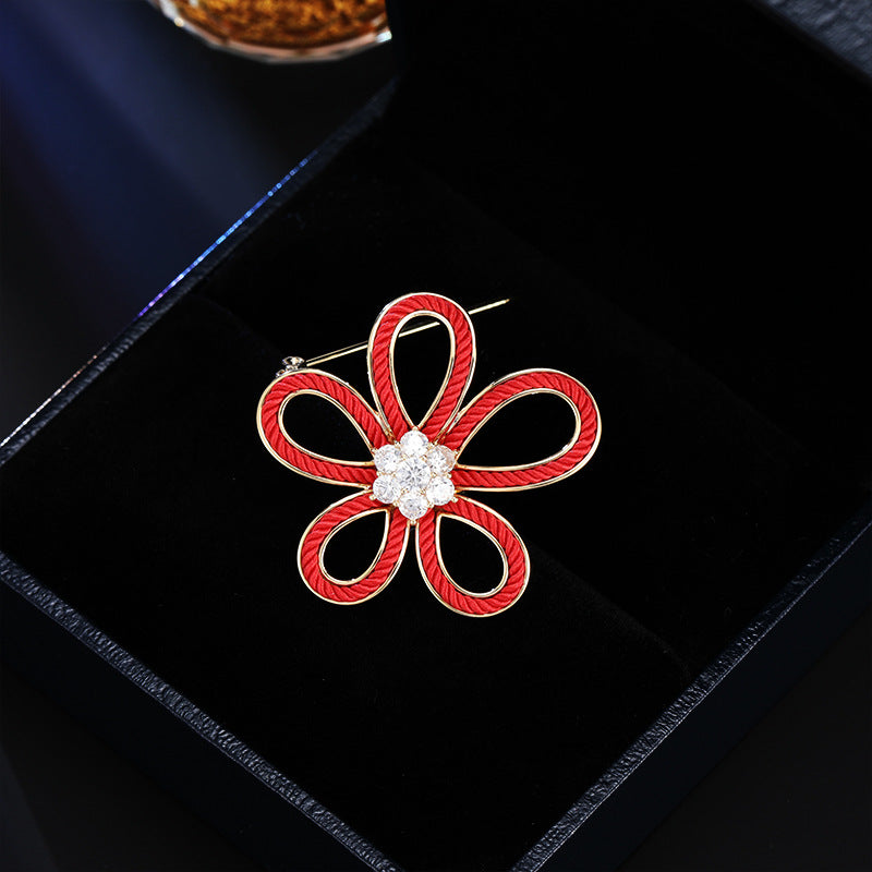 2025 Good luck red rope sunflower brooch light luxury niche design corsage slightly inlaid zircon fashion coat suit accessories