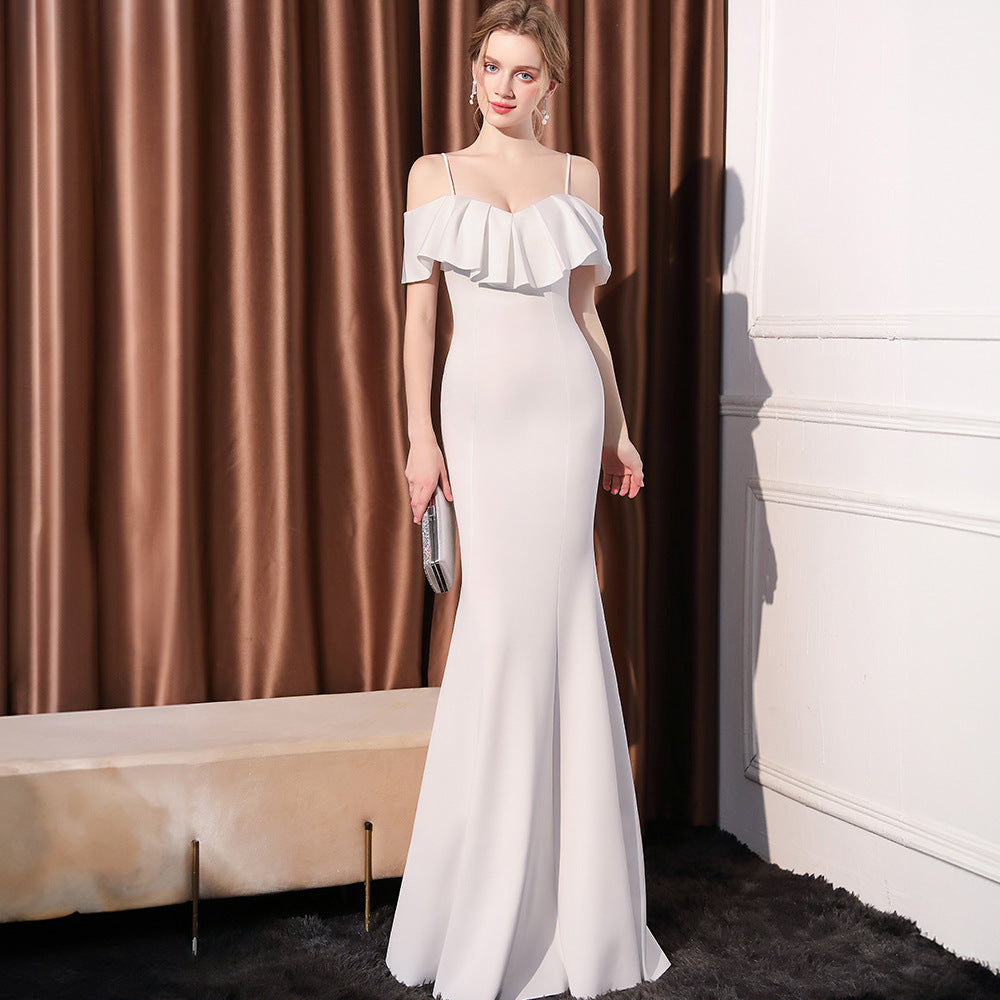 2025 Evening dress women's light luxury high sense one word shoulder slim and thin temperament celebrity banquet long fishtail dress