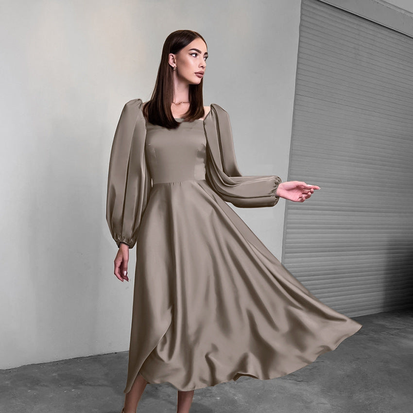 2025 Spring New sexy temperament party evening dress fashionable satin satin square neck bubble sleeve dress