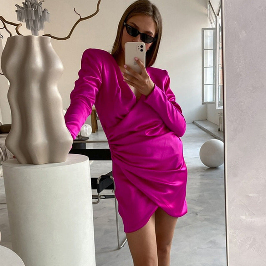 2025 Spring Women's Short Skirt V-Neck Sexy Temperament Right Angle Shoulder Apron Satin ins Long Sleeve Dress