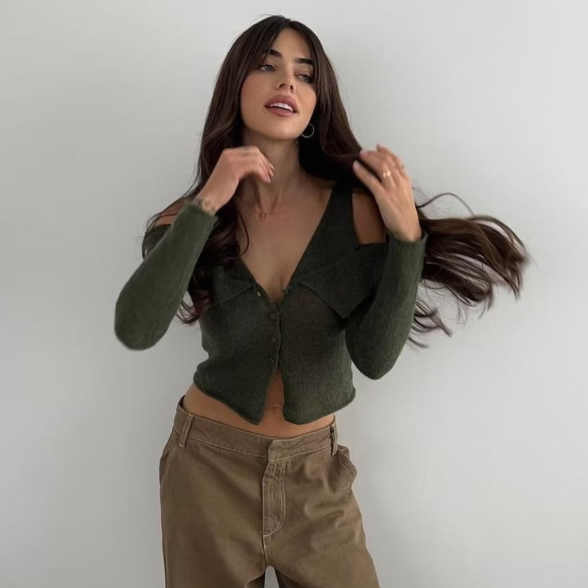 jinran fall outfits women Spring New Knitted Cardigan V-neck Flanging Slim-Fit Short off-Shoulder Long Sleeve Women's Sweater