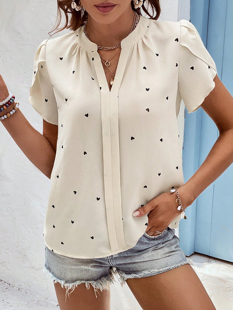 2025 tiktoktemu women's clothing summer V-neck love petal sleeve shirt temperament blouse
