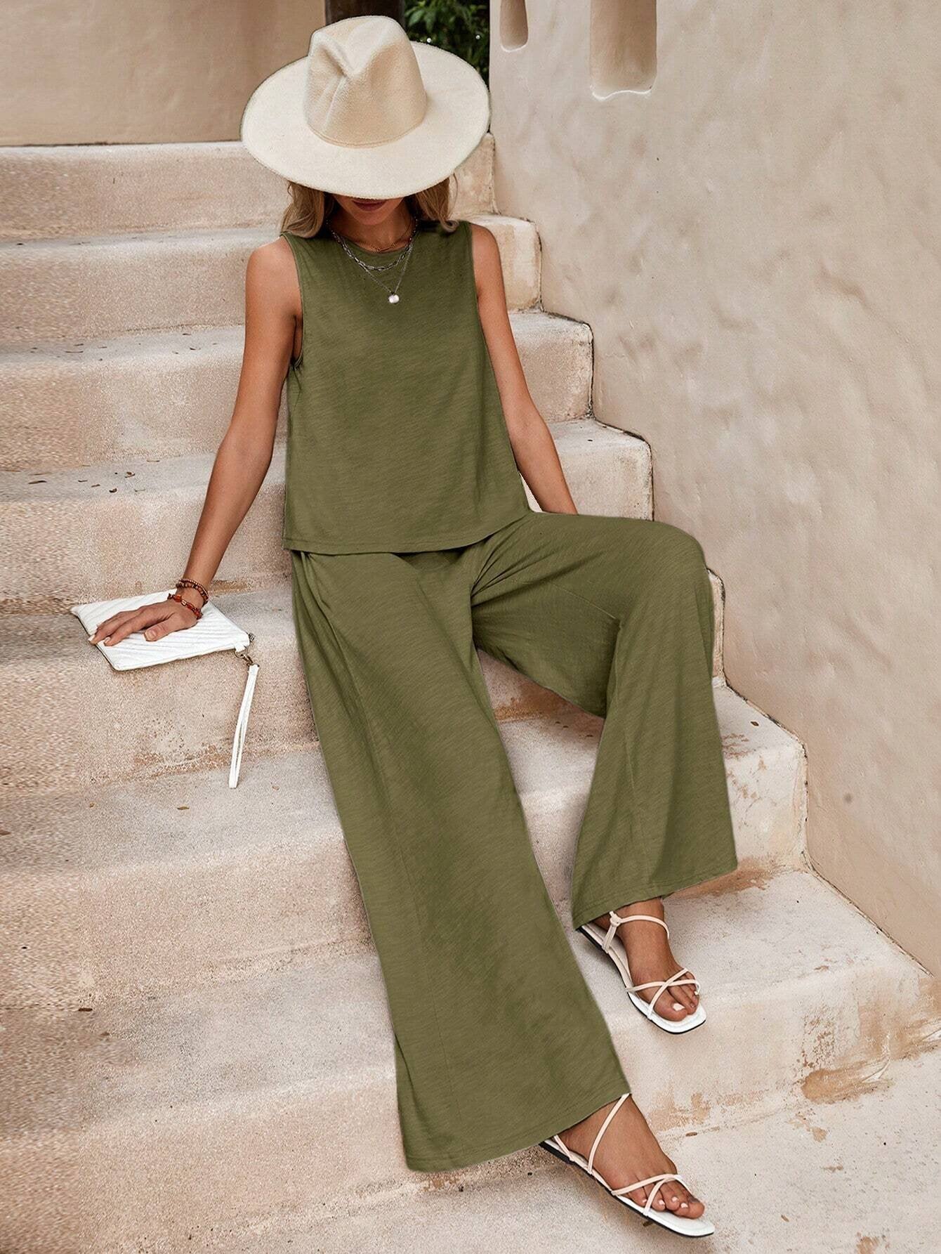 2025 summer new two-piece set women's trend versatile loose pullover round neck casual cotton set women