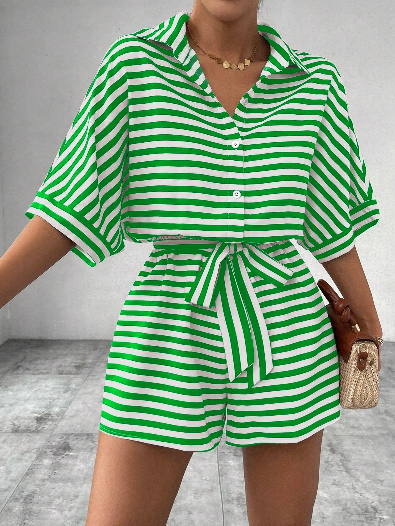 2025 spring and summer Popular trade New striped lapel cardigan button medium sleeve belt shorts set onesie women