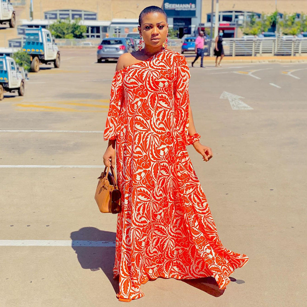 2025 New summer new 2025 women's clothing printed dress slanted shoulder medium sleeve loose sexy long dress dress