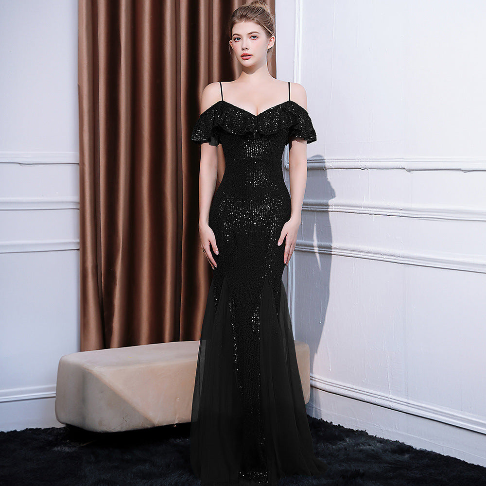 2025 Evening dress dress women's light luxury high-end temperament simple banquet socialite sexy backless suspender long fishtail dress