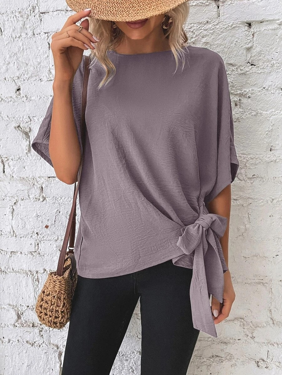 2025 Popular, , New women's clothing summer new solid color bat wing sleeves hem knotted loose t-top