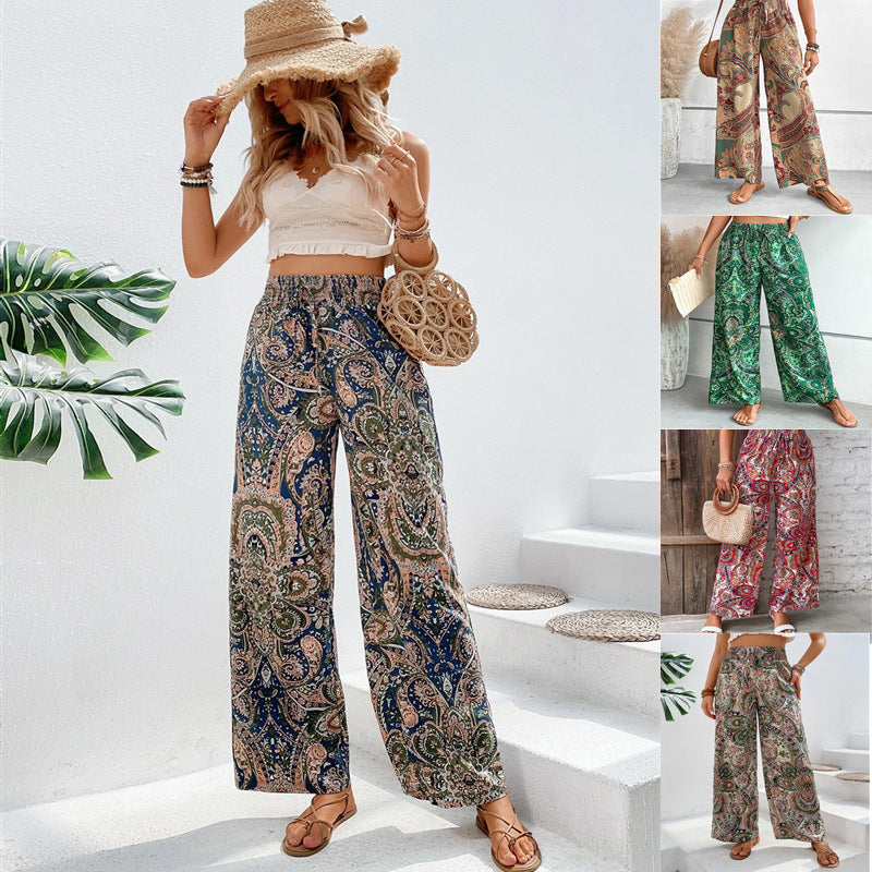 2025 Tiktoktemu women's clothing summer new fashionable versatile printed elastic waist wide-leg pants
