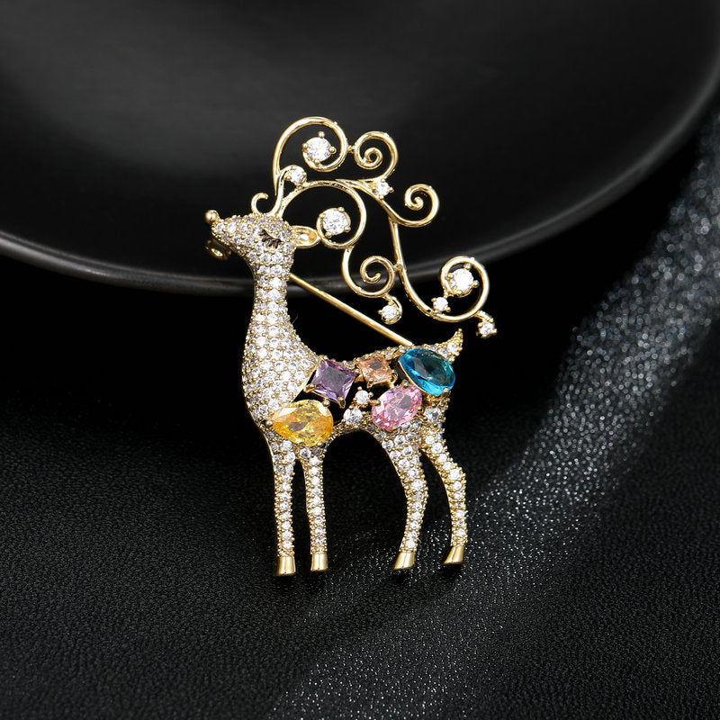 2025 Micro-inlaid colorful zircon inlaid niche design sense has your blazer corsage Christmas elk brooch all the way