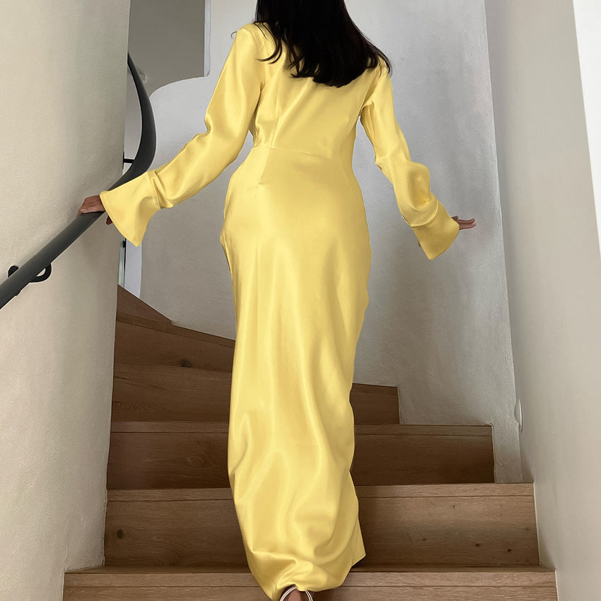 2025 Satin temperament lapel flared sleeve split high waist dress popular new spring fashion wholesale long dress