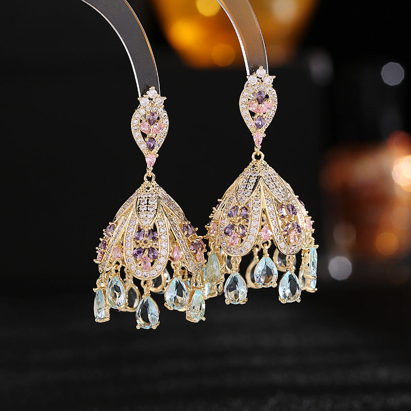 2025 court style exaggerated atmosphere heavy earrings s925 silver needle zircon inlaid high-grade chandelier wind chime earrings