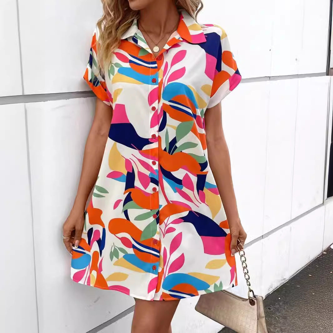 2025 popular Popular, , New women's clothing summer new fashion color flower print cardigan short-sleeved shirt skirt