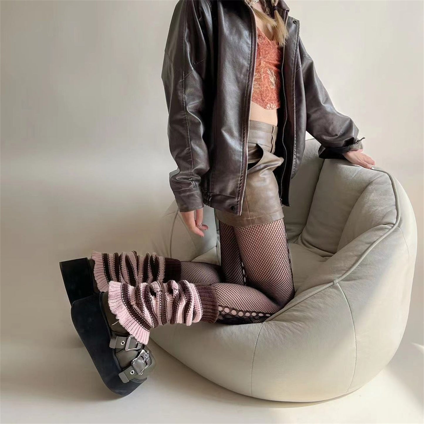 jinran fall outfits women French Retro Hot Girl Millennium Style Y2g Spring and Summer Hollow Lace Color Stitching Striped Leg Cover Knitted Thin Socks