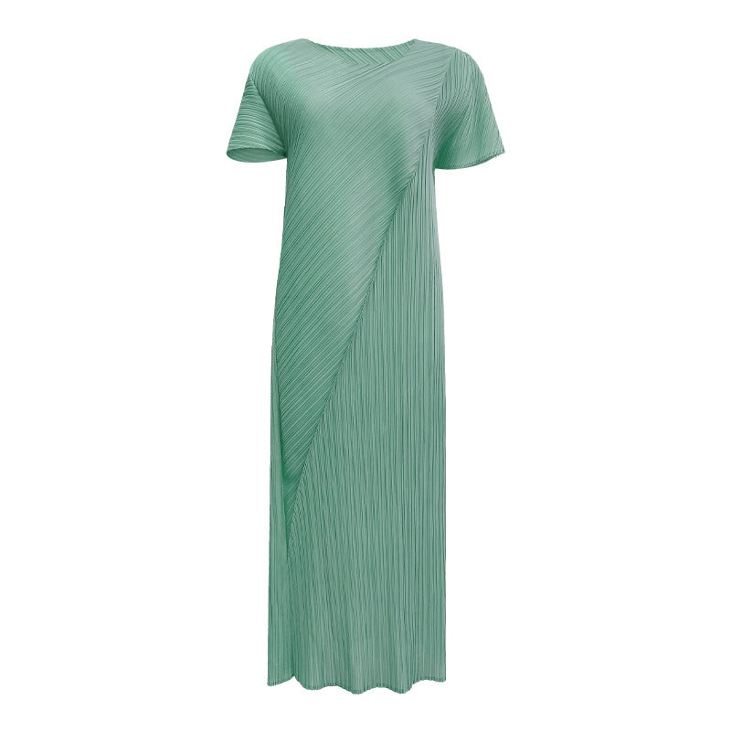 2025 spring new Miyake horn sleeve folding lace-up dress for women, thin solid color temperament personality medium and long dress for women
