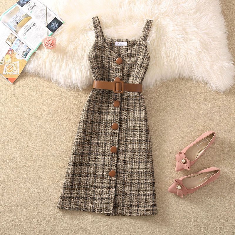 jinran fall trends 2024 outfits Sweater Dress Suit Women's 2024 Autumn and Winter New Retro Woolen Plaid Strap Dress Two-Piece Suit Fashion Women