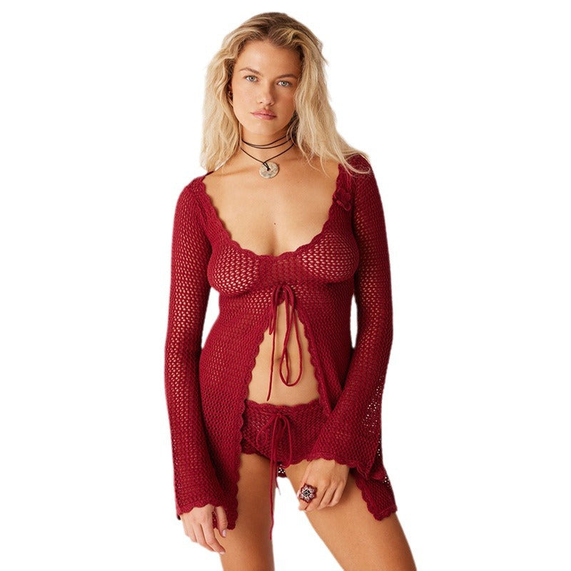 jinran discover style ideas 2024 Summer New Beach Dress Women's Solid Color Sexy Knitted Hollow Bikini Swimsuit Cover-up Clothing