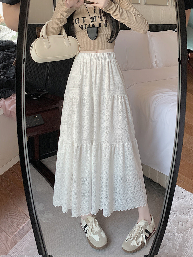 2025 Lace skirt new large size fat MM early spring lace splicing cake long skirt temperament a word big swing skirt