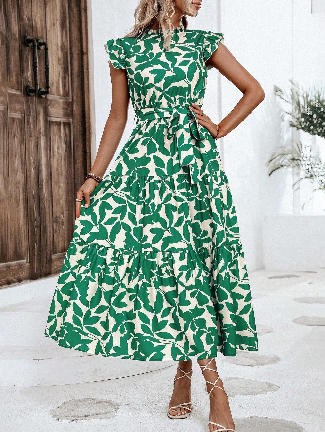 2025 Popular, , New women's clothing summer new fashion fungus edge flying sleeves lace-up printed fairy skirt