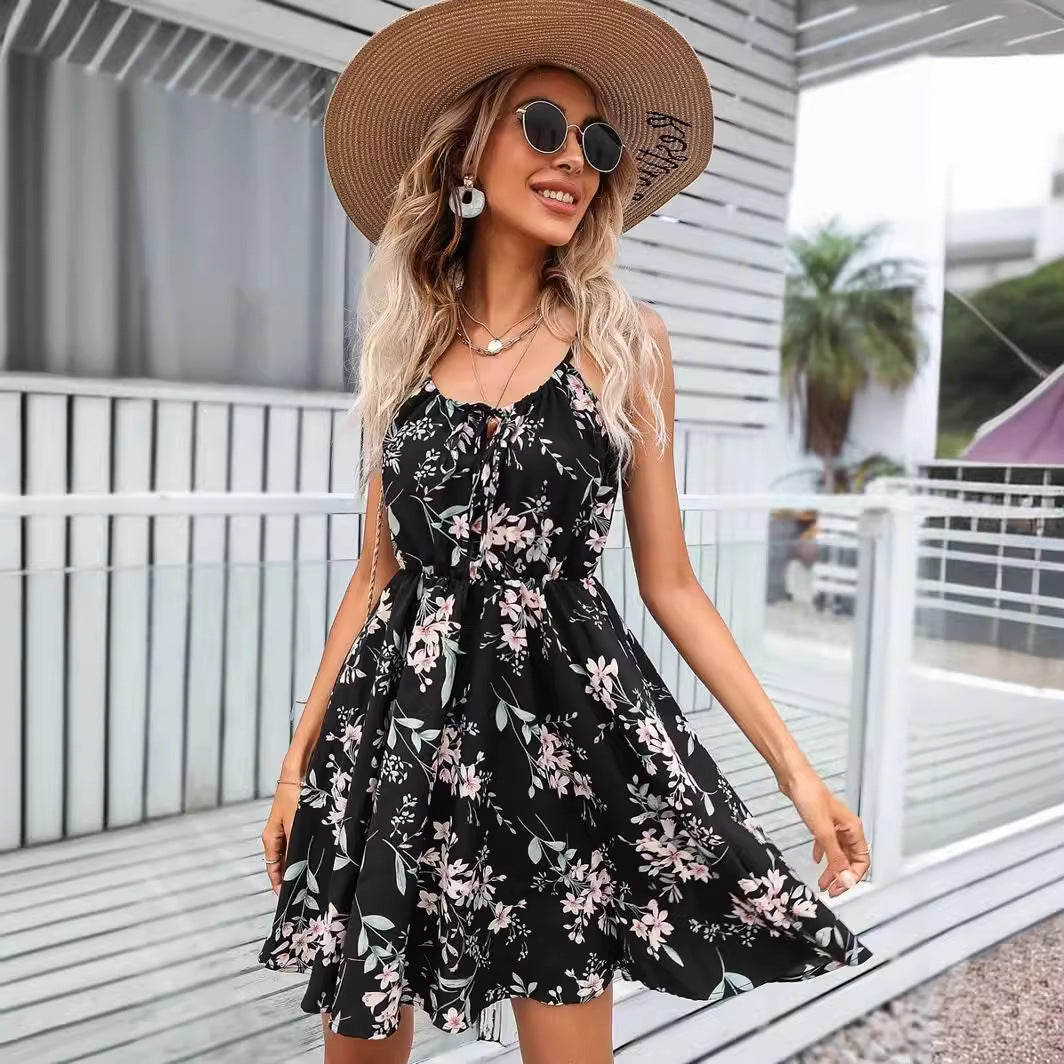 2025 Popular, , summer new elegant sleeveless dress pullover printing elastic waist suspender short skirt women