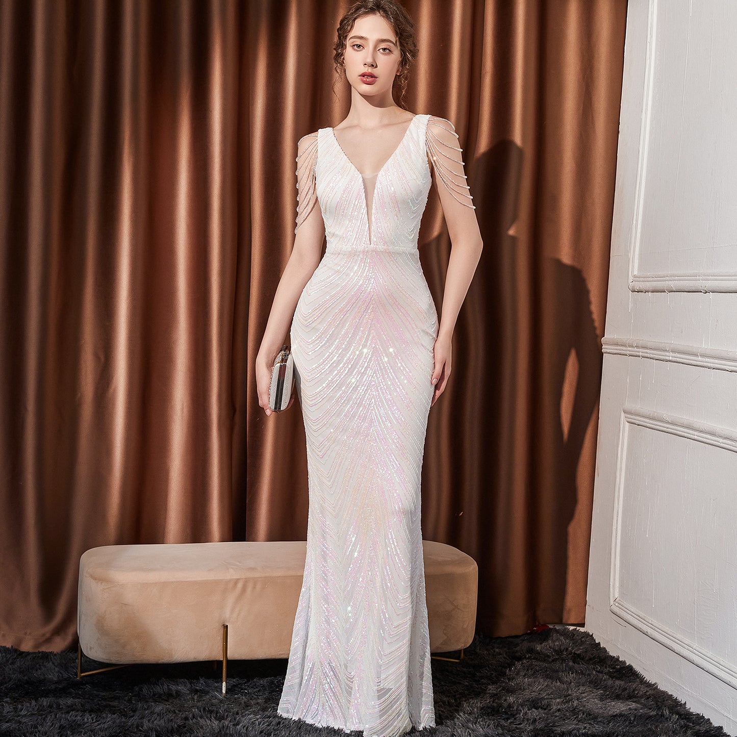 2025 Evening dress, femininity, socialite, high sense, company annual meeting host, banquet party, deep V long dress