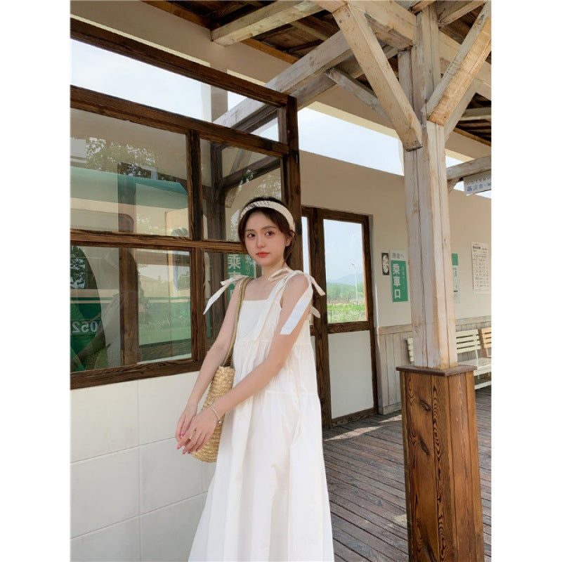 jinran birthday outfit Suspender Skirt Summer 2024 New Small Fresh Bow Lace-up Mid-Length Sweet Casual Dress Women