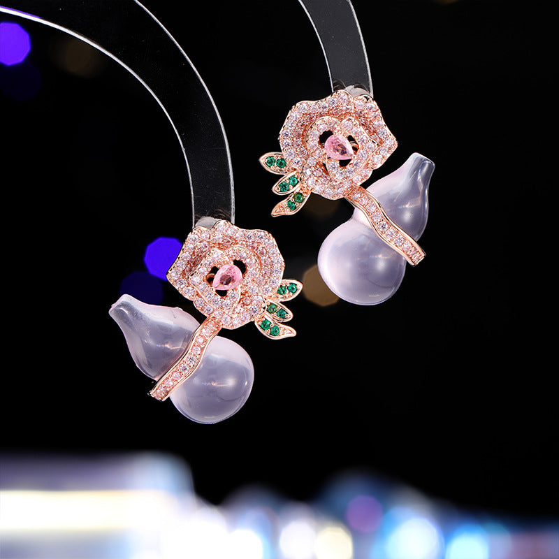 2025 New Chinese style flower purple chalcedony gourd earrings s925 silver needle light luxury high-end niche national trend rose earrings
