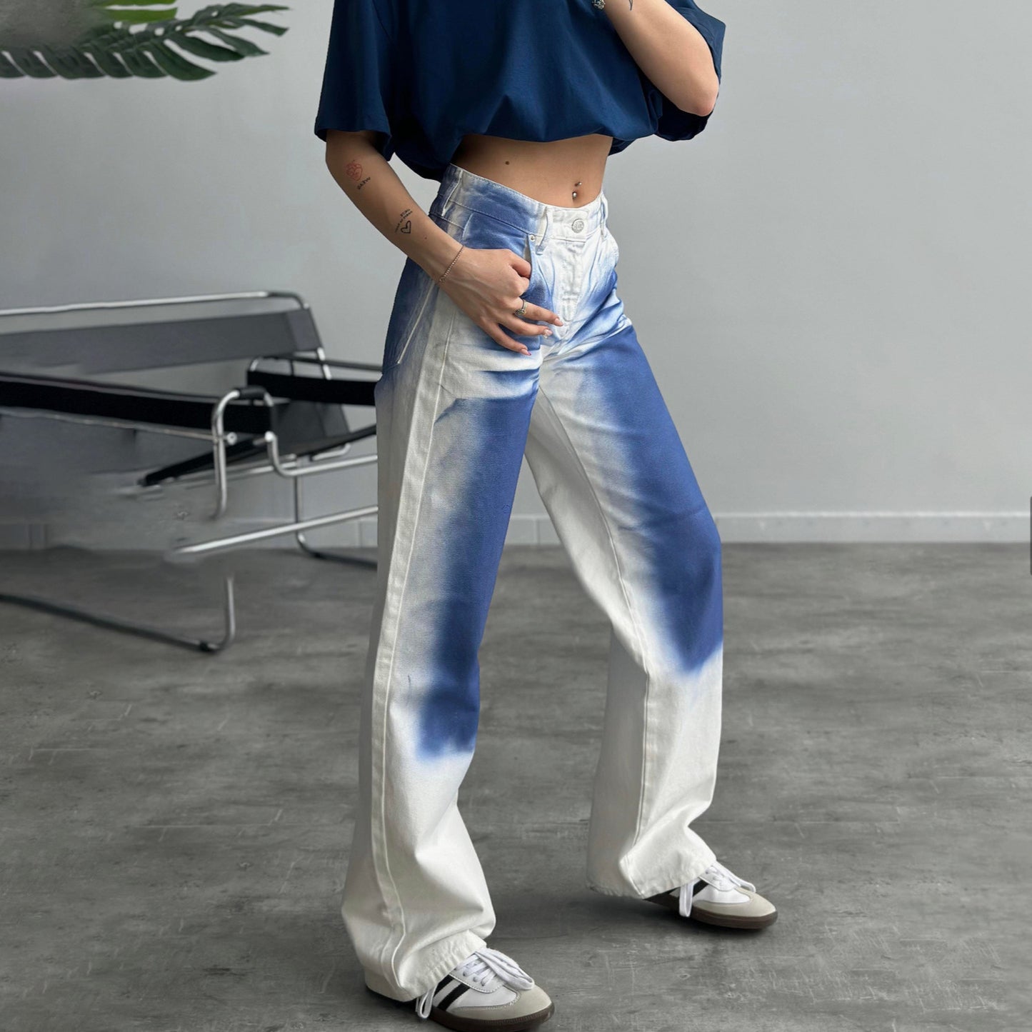2025 New n high street retro niche printing design sense jeans slim trend personalized high waist straight pants women