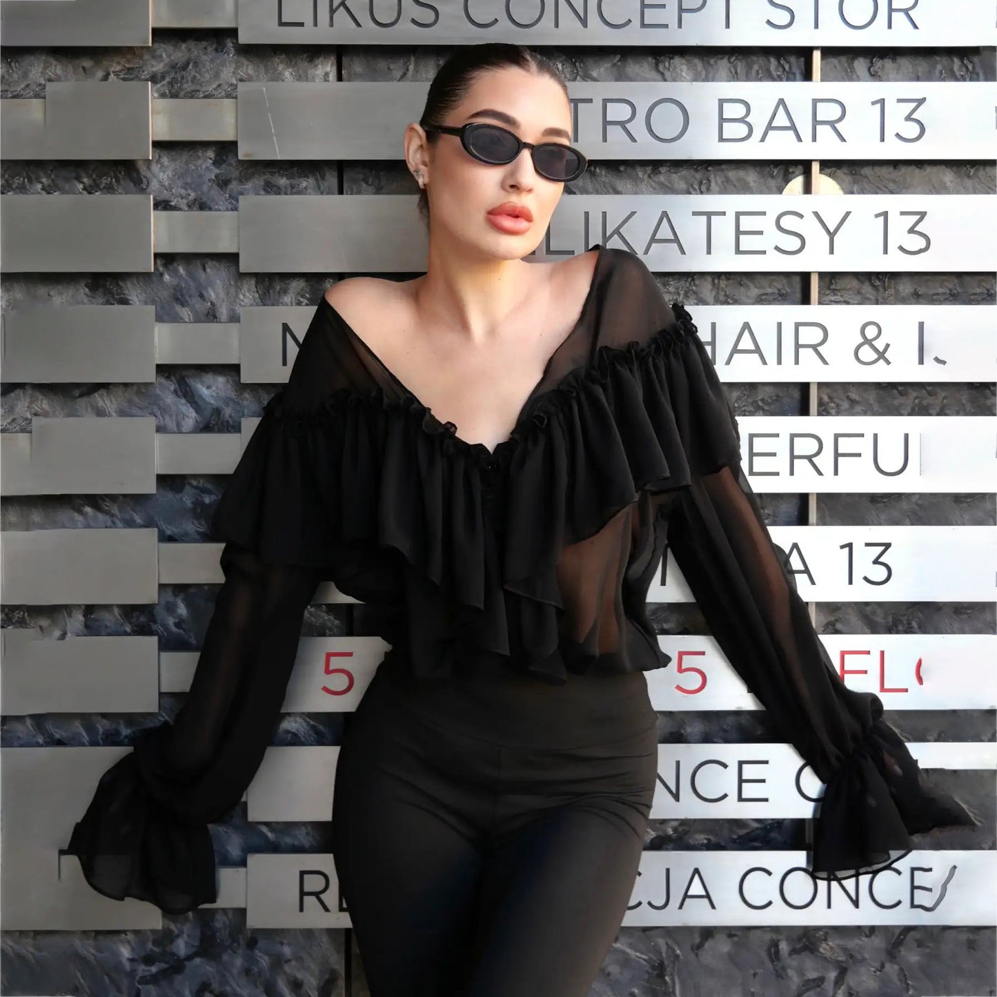 2025 Popular trade deep V-neck ruffle edge long-sleeved chiffon top femininity high-end new irregular chiffon shirt