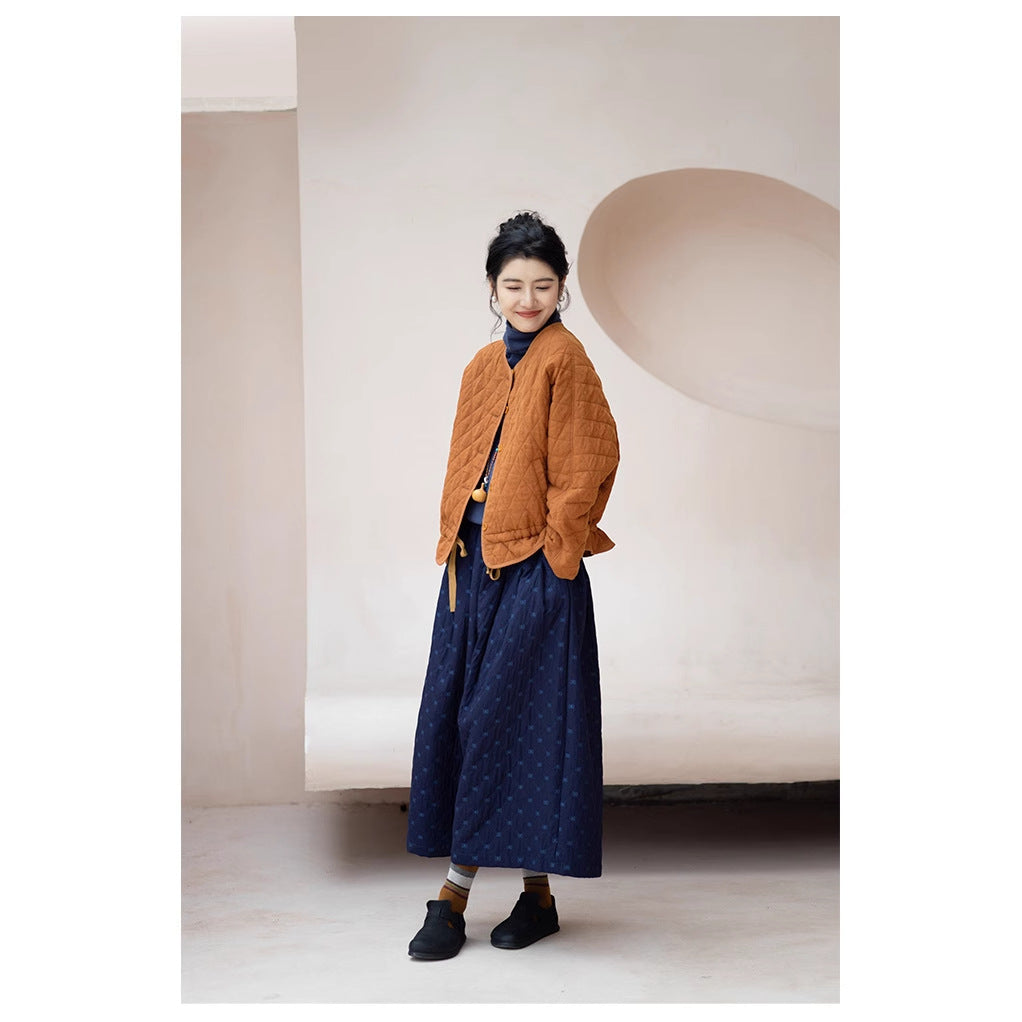 2025 Maillard Women's Clothing, Rhombus Drawstring Cotton and Linen Jumpsuit Side Open Pocket Orange Cotton Clothing Women's Winter 221019